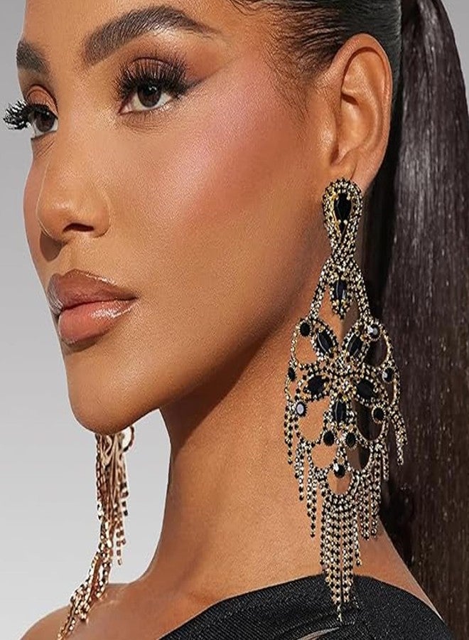 XSBODY Rhinestone Black Earrings For Women Tassel Crystal Statement Dangle Earrings For Women Prom Jewelry Accessories - Image 5